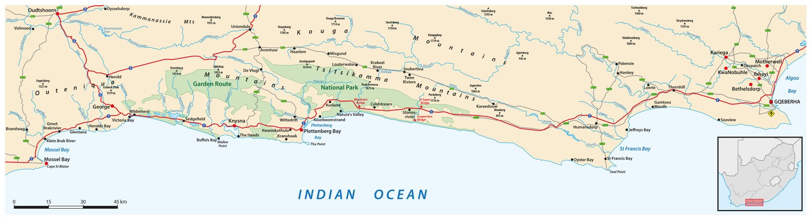 Map of the South African panoramic Garden Route